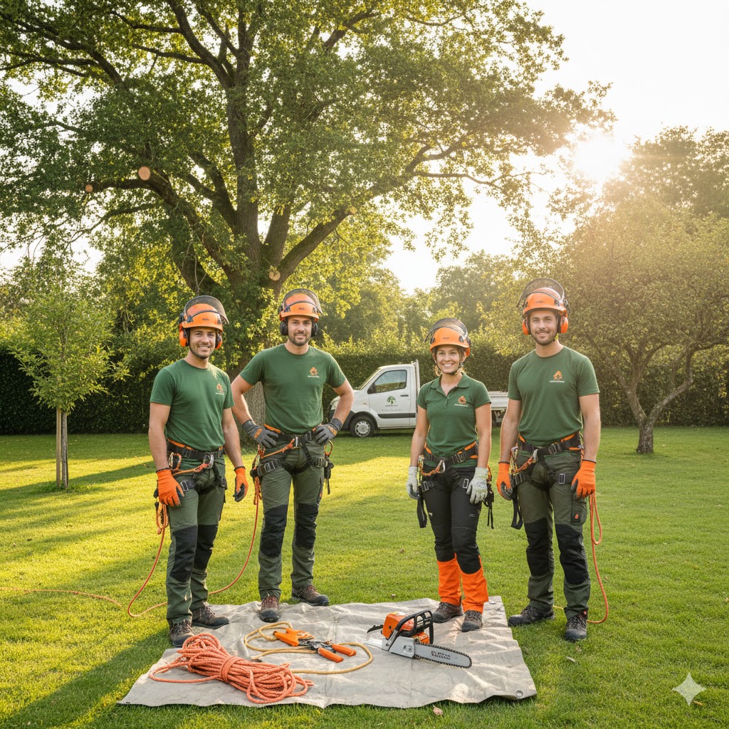 Photo de l'équipe d'élagage souriante et équipée
